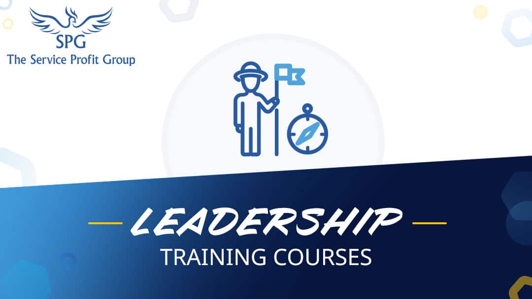 Graphic card for The Service Profit Group's Leadership Training Course, showing icon of a compass and a person holding a flag