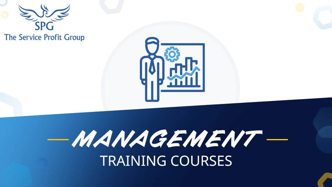 Graphic card for The Service Profit Group's Management Training Course, showing icon of a person with a tie in front of a graph with marketing graph