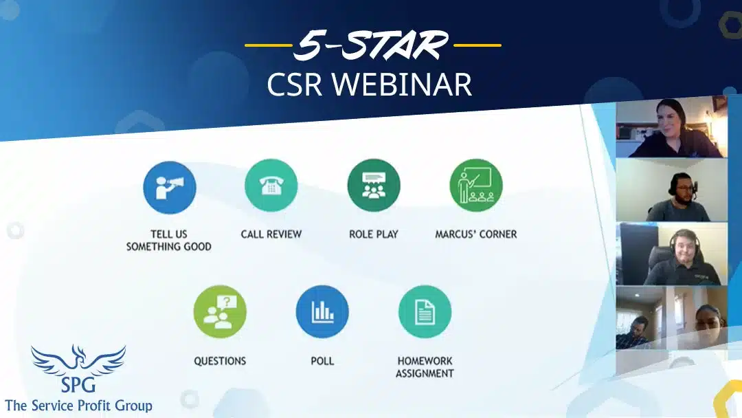 Graphic card for The Service Profit Group's 5 Star Customer Service Respresentative Interactive Webinar, showing stylized screen comp of an SPG zoom meeting with CSRs and training icons